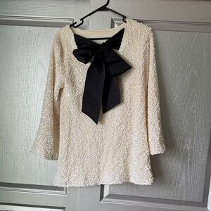 Cream Sequin Bow-Front Top with Black Ribbon